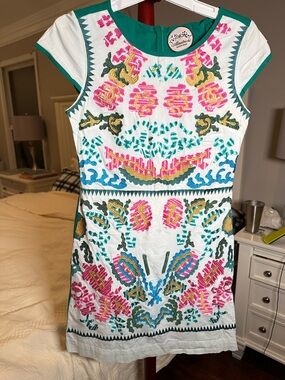 VTG Almatrichi White Cotton Embroidered Cap Sleeve Dress Boho Folk Sz 40